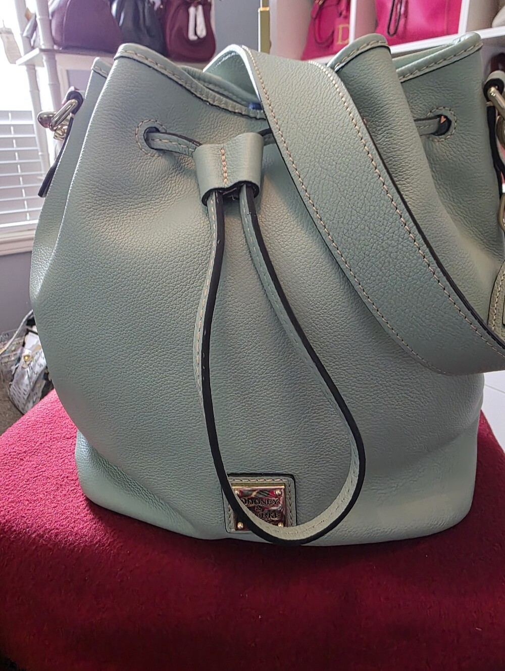 Dooney & Bourke Sorrento Leather Drawstring Bucket Bag In The Color Sage